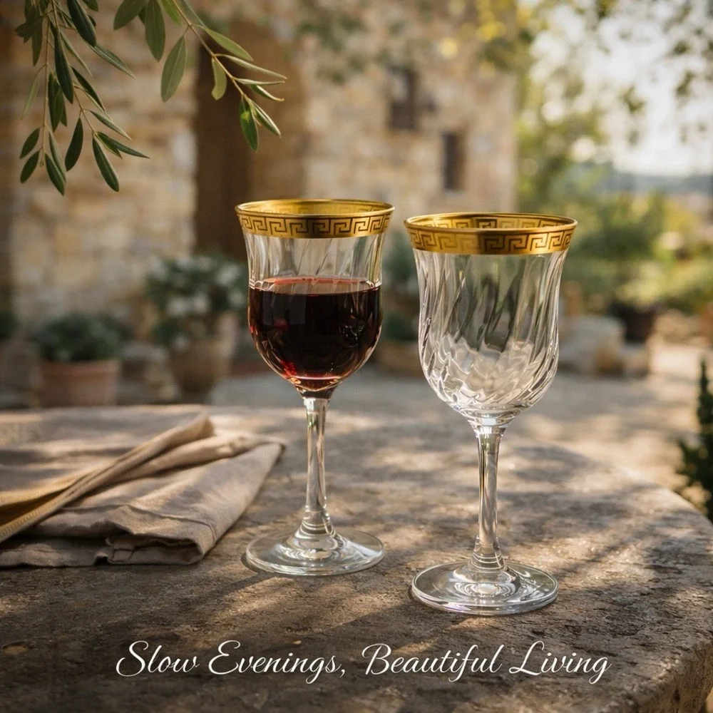 Vintage Gold Greek Key Wine Glasses Set‎ of 2 Optic Swirl Bowl Elegant Barware